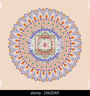 Ripetizione di mandala simmetrica circolare vettoriale. Ornamento decorativo in stile etnico orientale per colorare, cartoline, tatuaggi, logo yoga, spa, sfondo Illustrazione Vettoriale