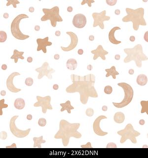 Motivo acquerello senza cuciture con stelle, luna e macchie in un grazioso stile boho. Colore beige. Stampa per bambini per tessuti, biancheria da letto, carta da imballaggio, retro Foto Stock