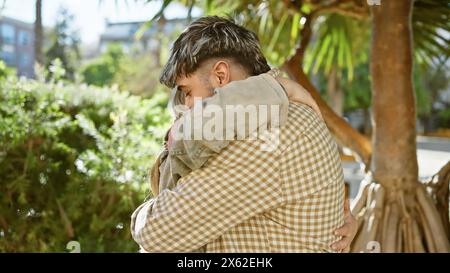 Una coppia amorevole abbraccia calorosamente in un parco lussureggiante e illuminato dal sole, simboleggiando affetto e solidarietà in mezzo alla natura. Foto Stock