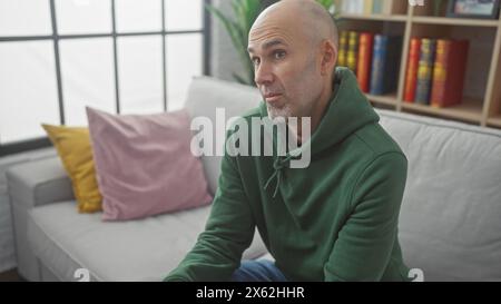 Uomo calvo con barba seduto sul divano nel soggiorno e con un'attenta vista. Foto Stock