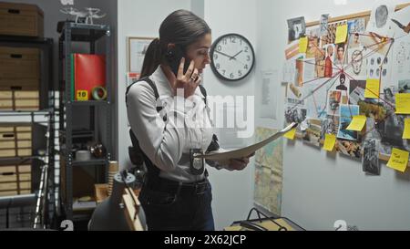 Una giovane ispanica detective analizza le prove del crimine mentre parla al telefono in un ufficio della stazione di polizia Foto Stock