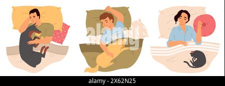 Persone che dormono con cani e gatti sdraiati a letto Illustrazione Vettoriale
