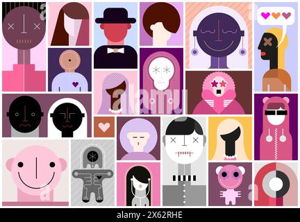 Ampio set di avatar per persone dal design piatto. Collage pop art di ritratti ravvicinati. Può essere utilizzato come sfondo senza giunture. Foto Stock