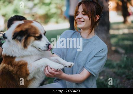 Donna gioiosa che gioca con il suo pastore australiano in un parco soleggiato Foto Stock