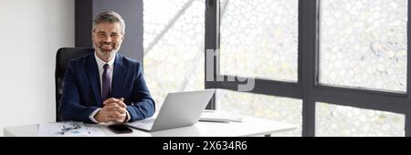 Bel sorridente uomo d'affari di mezza età seduto sul posto di lavoro in ufficio Foto Stock