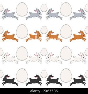 Set di motivi orizzontali senza cuciture con coniglietto pasquale e uova. Oggetti vettoriali isolati su sfondo bianco. Illustrazione Vettoriale