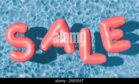 Banner di saldi estivi. Parola gialla gonfiata in piscina. rendering 3d. Foto Stock