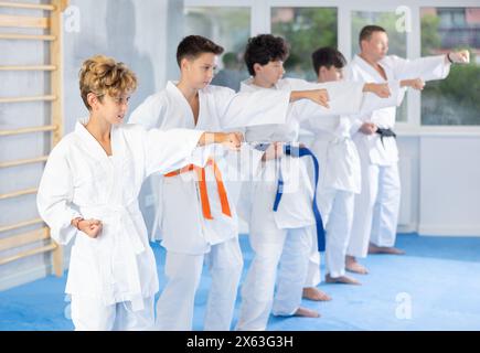 Gruppo di bambini che si mettono in posa insieme, praticano il karate in classe al coperto in palestra Foto Stock