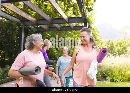 Diverse amiche anziane che camminano all'aperto, trasportano tappetini per yoga Foto Stock