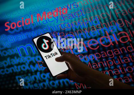 Bruxelles, Belgio. 12 maggio 2024. Il logo TikTok viene visualizzato su uno smartphone con social media - il wordle della disinformazione visibile sullo sfondo in questa illustrazione fotografica. Presa a Bruxelles, Belgio. Il 12 maggio 2024. (Jonathan RAA/Sipa USA) *** esclusivamente per notizie editoriali *** credito: SIPA USA/Alamy Live News Foto Stock