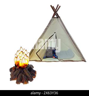 Tenda da campeggio teepee, sacco a pelo e falò utilizzati per campeggiare nella natura selvaggia Foto Stock