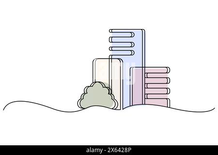 Illustrazione minimalista di edifici disegnati con una sola linea, con grattacieli color pastello e un albero in primo piano. Illustrazione Vettoriale