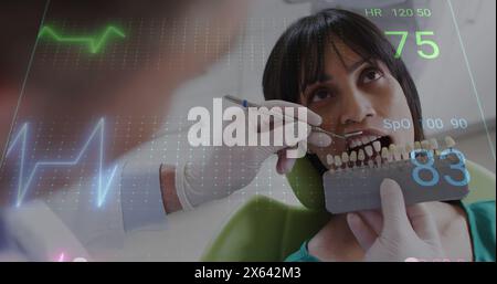 Immagine del cardiofrequenzimetro su un dentista maschio che esamina i denti di una paziente birazziale Foto Stock