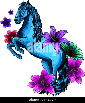 cavallo con fiori di pony rosa illustrazione vettoriale su sfondo bianco Illustrazione Vettoriale