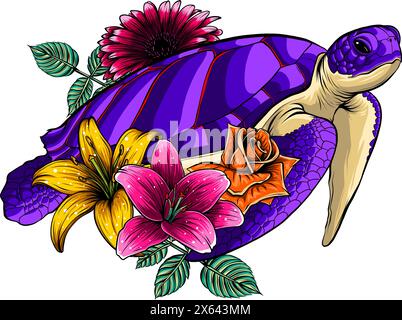 Illustrazione vettoriale di tartaruga marina con fiore su sfondo bianco Illustrazione Vettoriale