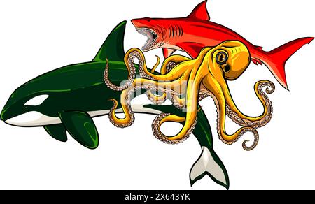 Cartoni animati di mare. Set di illustrazioni vettoriali per creature marine della fauna selvatica Illustrazione Vettoriale