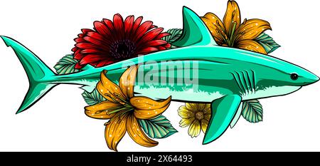 Squalo con elementi decorativi floreali disegno vettoriale illustrazione Illustrazione Vettoriale