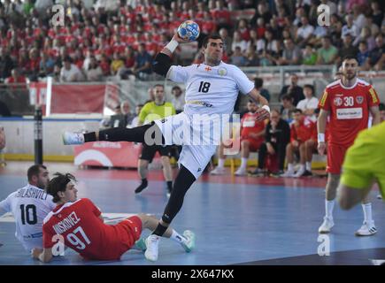 Vienna, Austria. 12 maggio 2024. Erekle Arsenashvili (C) della Georgia spara durante la partita di qualificazione europea del Campionato del mondo maschile IHF 2025 tra Austria e Georgia a Vienna, Austria, il 12 maggio 2024. Credito: He Canling/Xinhua/Alamy Live News Foto Stock