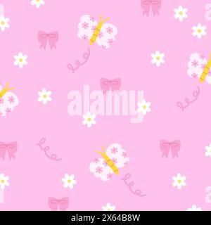 Illustrazione di farfalla, nastri, fiori su sfondo rosa pastello per stampa floreale, motivo femminile, vestiti per bambini, confezione regalo, confezione, tessuto, pubblicità Illustrazione Vettoriale