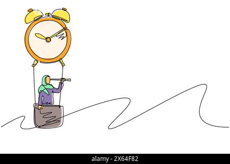 Una linea continua che attira una donna d'affari araba, un manager o un dipendente che si sveglia con la mongolfiera e guarda avanti con il telescopio. Manag. Tempo Illustrazione Vettoriale