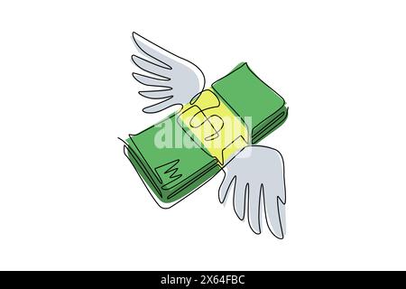 Una linea continua che disegna pile di banconote in dollari volanti. Spese di bilancio, spese di fatturazione. Business, concetto finanziario. Corr. Americano alato Illustrazione Vettoriale