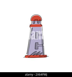 Faro singolo disegnato su una linea, icona con il logo del faro rotante. Modello di logotipo semplice e lineare moderno per banner poster. Fari e onde oceaniche. Continua Illustrazione Vettoriale