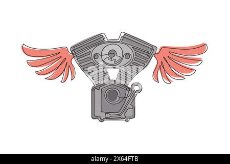 Linea singola continua che disegna il logo del club motociclistico con motore e ali, logo del club motociclisti, icona del servizio motocicli personalizzato. Motore per motociclette con wi Illustrazione Vettoriale