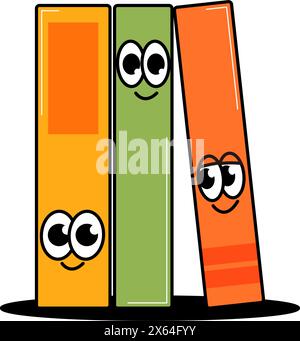 Personaggi carini retrò della scuola. Set di tre libri divertenti con volti carini. Mascotte originali e soleggiate su sfondo trasparente. Illustrazione Vettoriale
