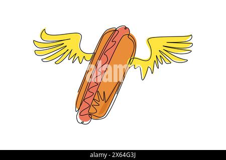 Hot dog con disegno a linea singola e logo Wings. Pasto, consegna a domicilio, caffetteria, icona illustrativa divertente. Adoro l'hot dog per il concetto di fast food. Dinamica Illustrazione Vettoriale
