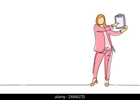 Disegna una linea continua i lavoratori dell'ufficio in piedi con gli appunti. Donna in abbigliamento formale. Giovane donna d'affari personaggio dei cartoni animati in stile piatto. Singolo Illustrazione Vettoriale