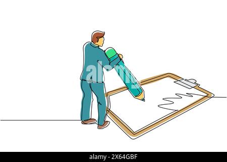 Un unico uomo d'affari che disegna una linea continua ha compilato il questionario. Un tizio con la matita scrive un test. Uomo in piedi vicino a una grossa lista di controllo. Maschio scrive sulla clip Illustrazione Vettoriale