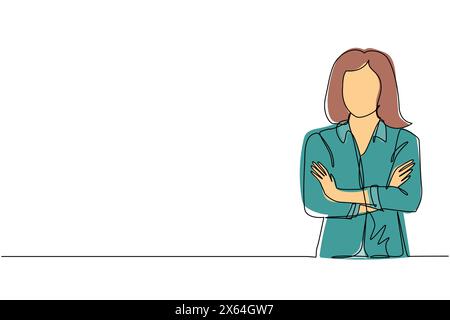 Una sola linea che attira una giovane donna d'affari in piedi con le braccia piegate. Bella donna sorridente in abiti casual con le braccia incrociate in piedi isolata. Illustrazione Vettoriale