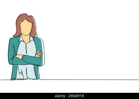 Una linea continua disegna una giovane donna sorridente e sicura di sé in camicia, tenendo le braccia incrociate. Donna d'affari attiva in piedi con le braccia piegate in posa. Uno Illustrazione Vettoriale