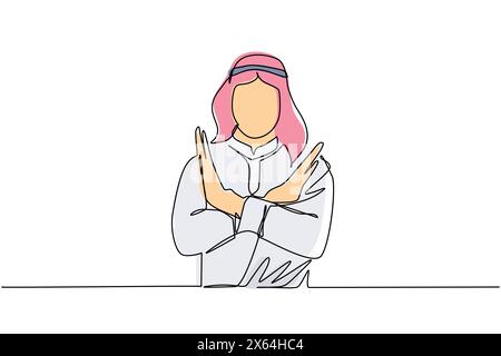 Continua una linea che disegna il giovane arabo che attraversa le braccia e dice di non fare gesto. Persona che crea la forma X, stop con le mani ed espressione negativa. S Illustrazione Vettoriale