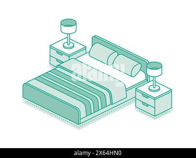 Letto Isometrico con coperta, cuscini e due comodini con lampade. Illustrazione vettoriale. Delineare gli oggetti isolati su sfondo bianco. Illustrazione Vettoriale