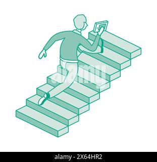 L'uomo corre su una serie di scale. Sta tenendo in mano il libro. Concetto isometrico di successo, urgenza e determinazione. Uomo d'affari che sale le scale del successo. Illustrazione Vettoriale