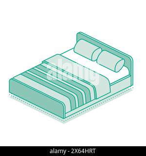 Letto Isometrico con coperta e due cuscini. Illustrazione vettoriale. Delineare l'oggetto isolato su sfondo bianco. Illustrazione Vettoriale