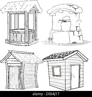 Illustrazione di pozzi, forni in pietra e capannoni in legno Illustrazione Vettoriale