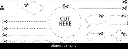 Set di forbici con linee di taglio. Collezione vettoriale di diverse forme geometriche con tratti tratteggiati e forbici che tagliano la carta dai vari Illustrazione Vettoriale