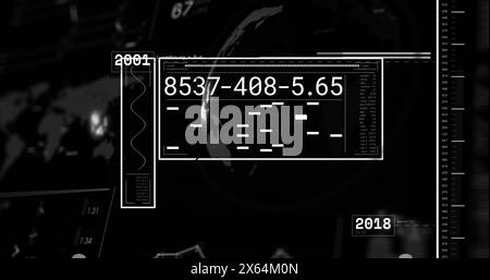 Immagine dell'interfaccia con l'elaborazione dei dati e il globo rotante su sfondo nero Foto Stock