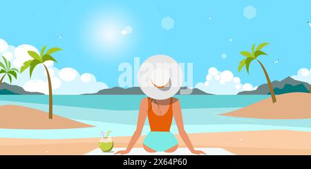 Design vettoriale estivo. Estate verticale sui social media. donna seduto sullo sfondo della spiaggia di sabbia con elementi di stagione tropicale per vacanze rilassanti all'aperto Illustrazione Vettoriale