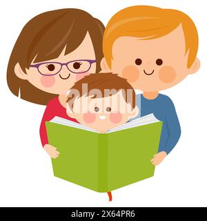 Famiglia che legge un libro. Madre padre e bambino leggono un libro insieme. Foto Stock