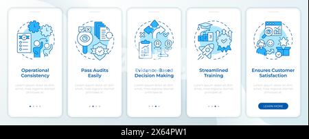 L'organizzazione QMS beneficia della schermata blu dell'app mobile onboarding Illustrazione Vettoriale