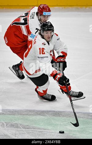 Danimarca vs Canada, partita Del gruppo A del Campionato del mondo 2024 IIHF, a Praga, Repubblica Ceca, il 12 maggio 2024. Mathias di Danimarca, a sinistra e da Foto Stock