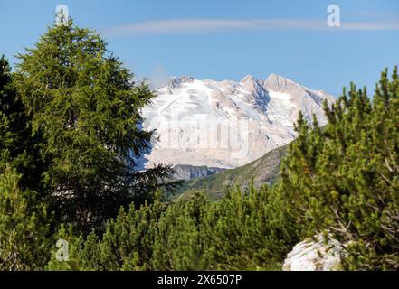 Vista sul monte Marmolada, la vetta più alta delle Dolomiti, Italia Foto Stock