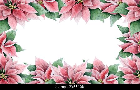 Fiori poinsettia vintage con foglie verdi cornice quadrata illustrazione ad acquerello isolata per striscioni natalizi Foto Stock