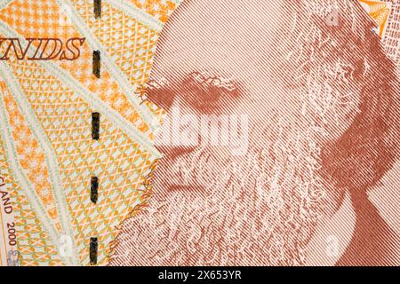 Charles Darwin un ritratto di primo piano dai soldi inglesi Foto Stock