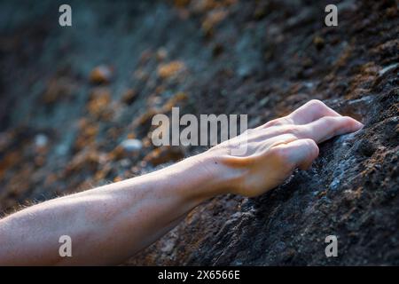 Scalatori forti che afferrano a mano una parete di cava Foto Stock