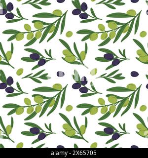 Motivo verde oliva senza cuciture. Prodotto biologico. Rami con foglie verdi o frutti neri. Rametti decorativi. Olio naturale. Impianto agricolo estivo. Rif Illustrazione Vettoriale