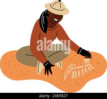 Archeologia dei cartoni animati. Scavi paleontologici. Archeologo che scavava lo scheletro di dinosauro. Cranio e ossa di animali fossili preistorici. Spedizione storica. Illustrazione Vettoriale